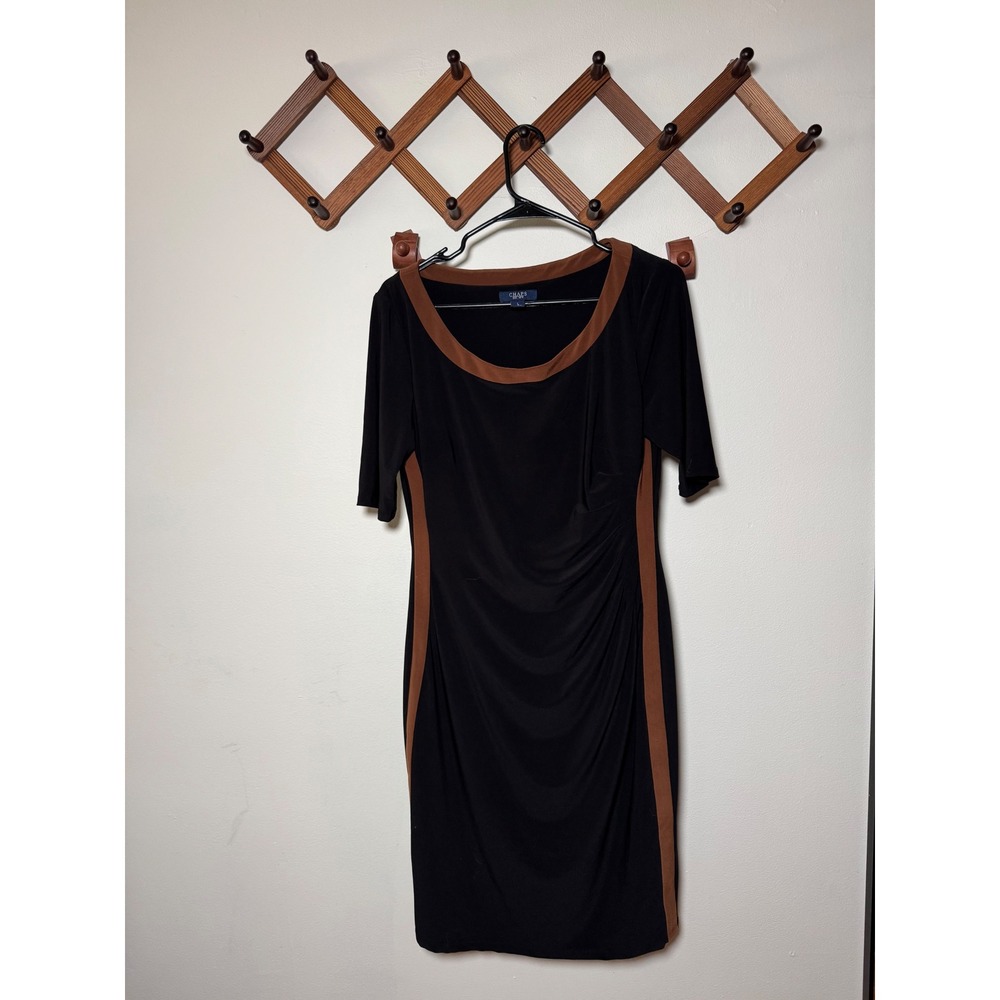 Chaps Womens Black Brown Colorblock Ruched Sheath Dress Half Sleeve Size L